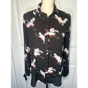 LOFT Black Crane Print Button Down Long Sleeve Sheer Shirt Women's Size Small